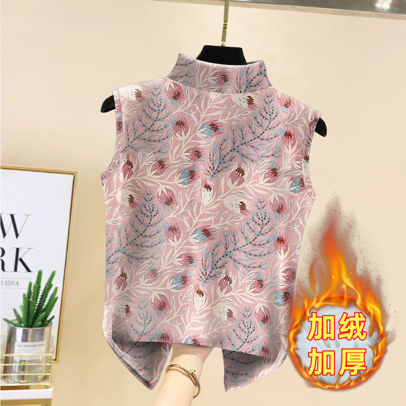 保暖兔绒半高领背心女冬新款印花修身显瘦无袖上衣百搭洋气打底衫