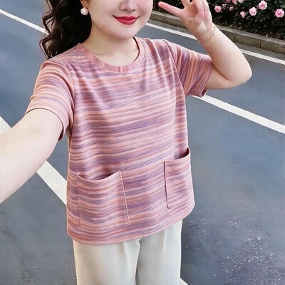 夏季新品短袖双口袋气质百搭休闲宽松高级感条纹棉T恤妈妈上衣女