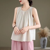 夏季 背心女宽松百搭显瘦t恤纯色休闲上衣 百褶棉绸无袖 时尚 圆领A版