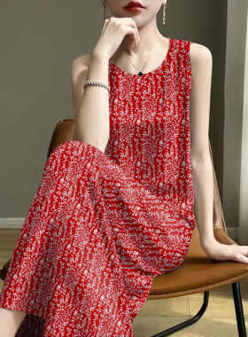 断码时尚-2025夏新款印花减龄遮肚妈妈装背心吊带中长款连衣裙女
