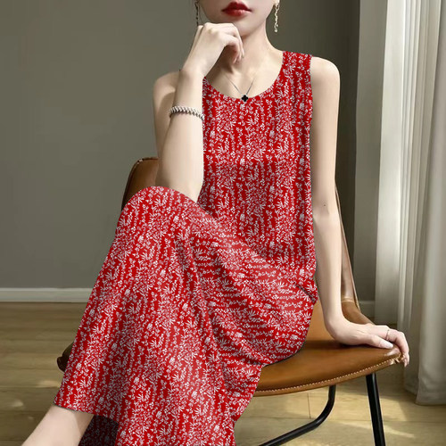断码时尚-2025夏新款印花减龄遮肚妈妈装背心吊带中长款连衣裙女