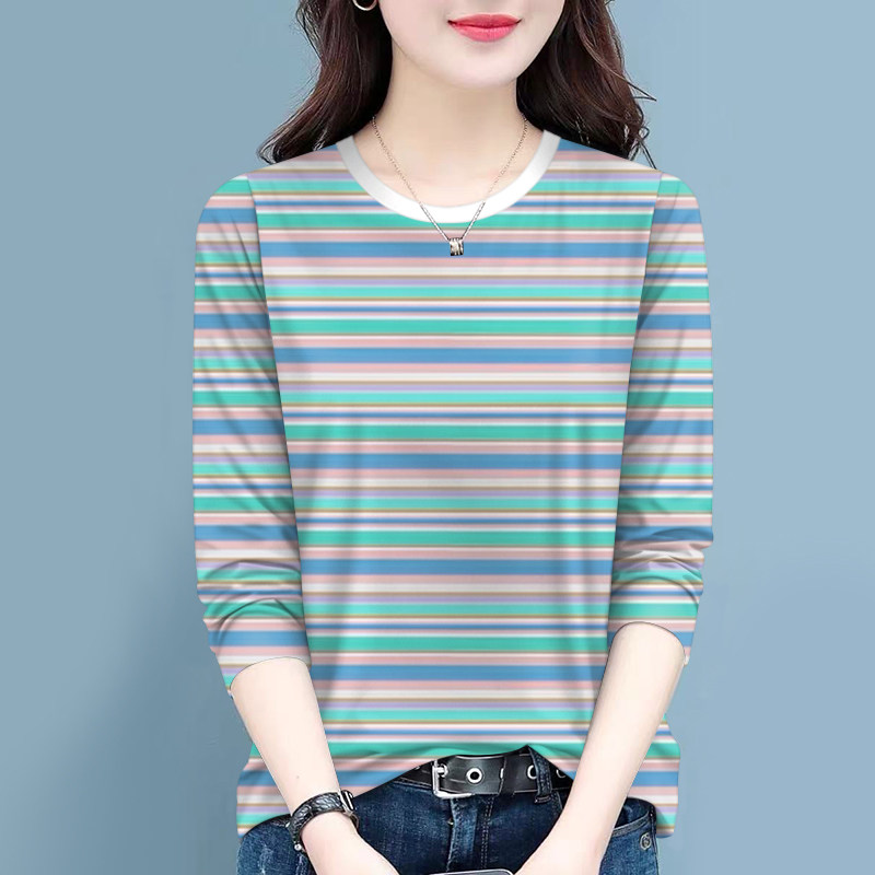 秋季时尚长袖T恤女春秋新款胖mm大码宽松初秋条纹款妈妈打底上衣