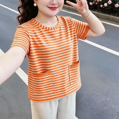夏季新品短袖双口袋气质百搭休闲宽松高级感条纹棉T恤妈妈上衣女