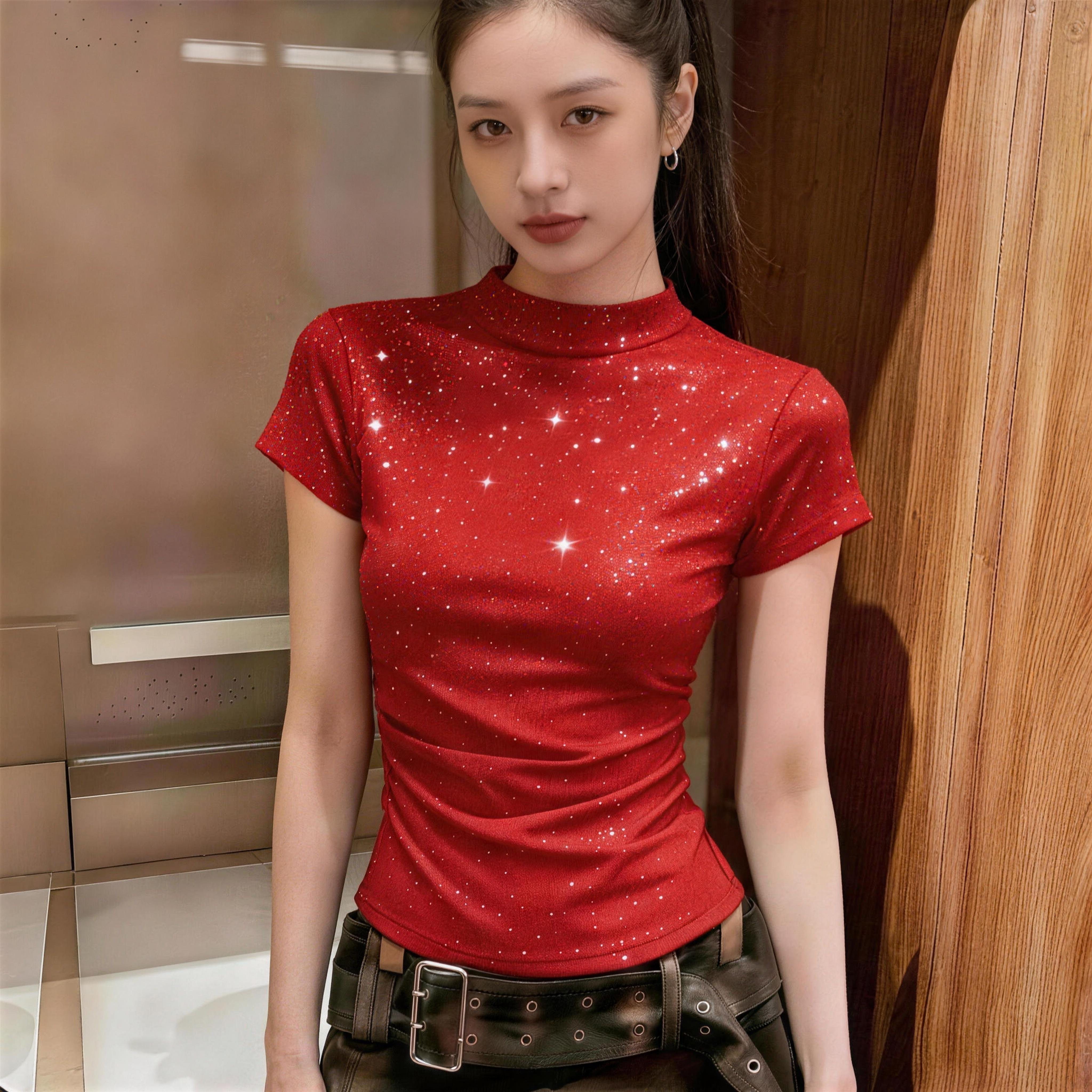 晕染印花冰丝短袖t恤女夏季新款薄款印花修身显瘦半高领上衣ins