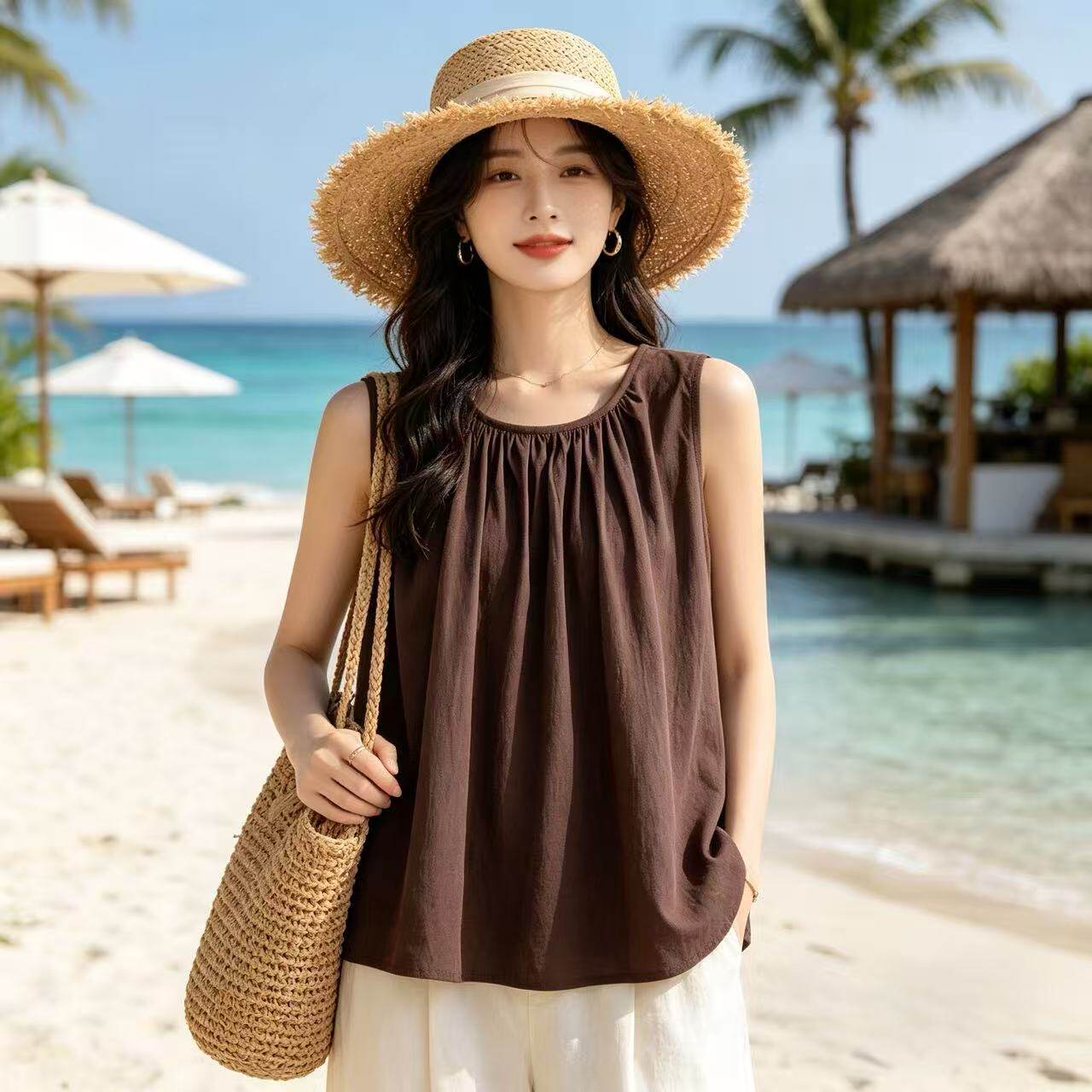 夏季时尚圆领A版百褶云朵棉无袖背心女宽松百搭显瘦纯色休闲上衣