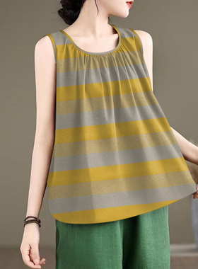 夏季时尚圆领A版百褶印花无袖背心女宽松百搭显瘦t恤褶皱休闲上衣