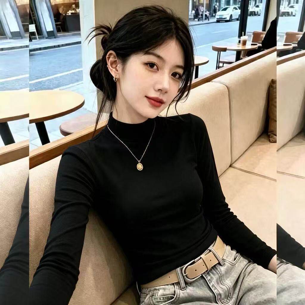 纯色冰丝长袖t恤女2026秋季冬新款薄款修身显瘦半高领打底上衣ins