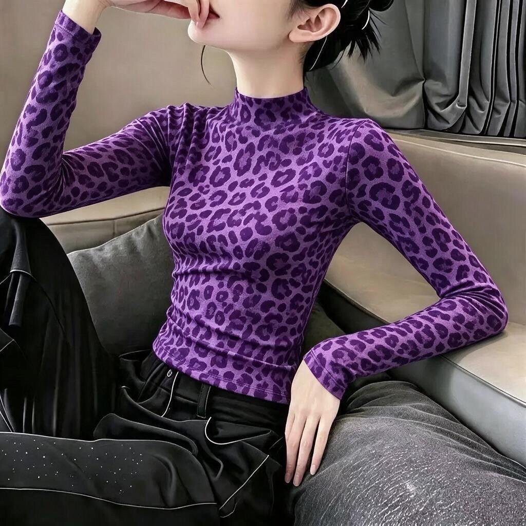 豹纹印花长袖t恤女秋冬季新款印花修身显瘦打底衫半高领上衣ins