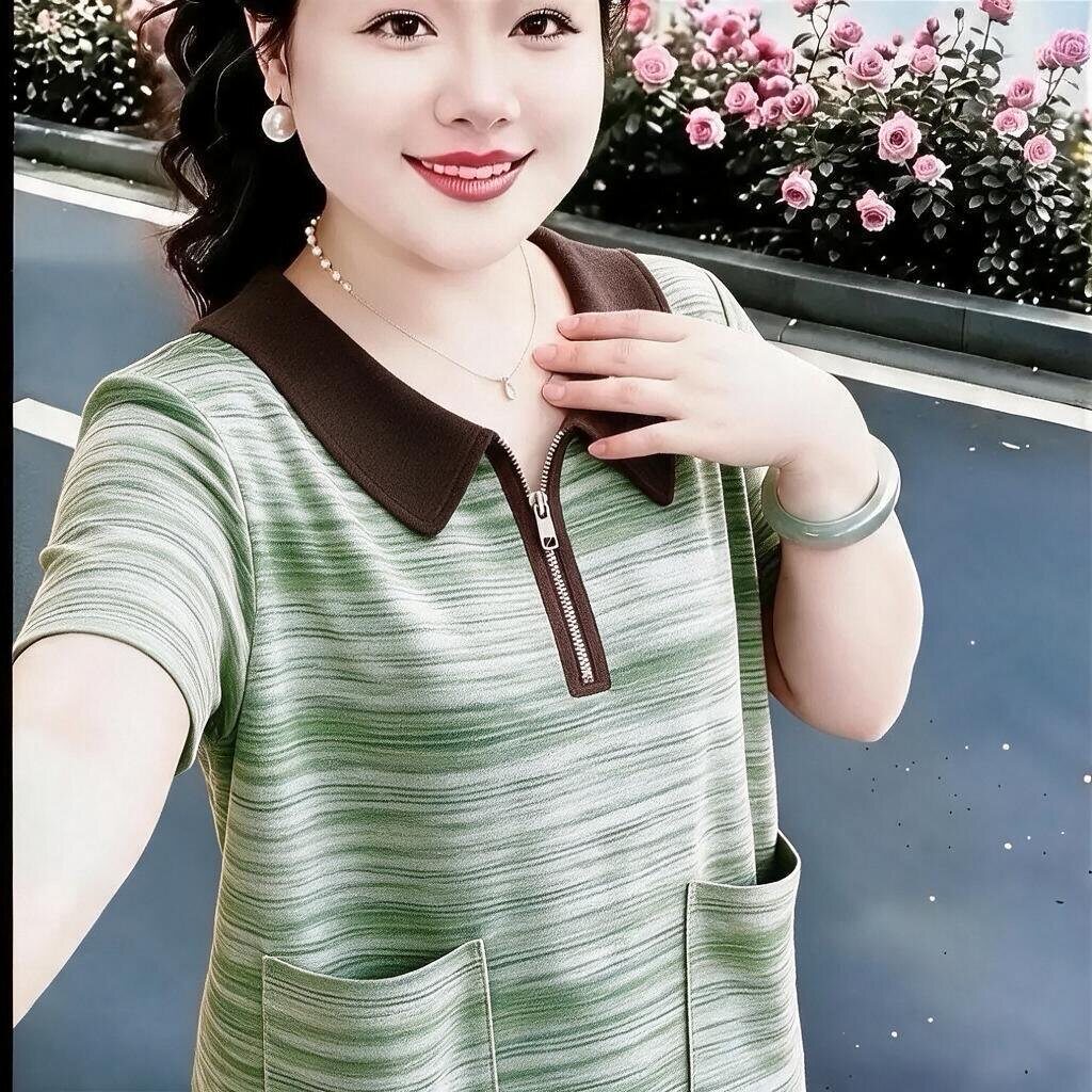 夏季新品短袖双口袋气质百搭休闲宽松高级感翻领条纹T恤妈妈上衣