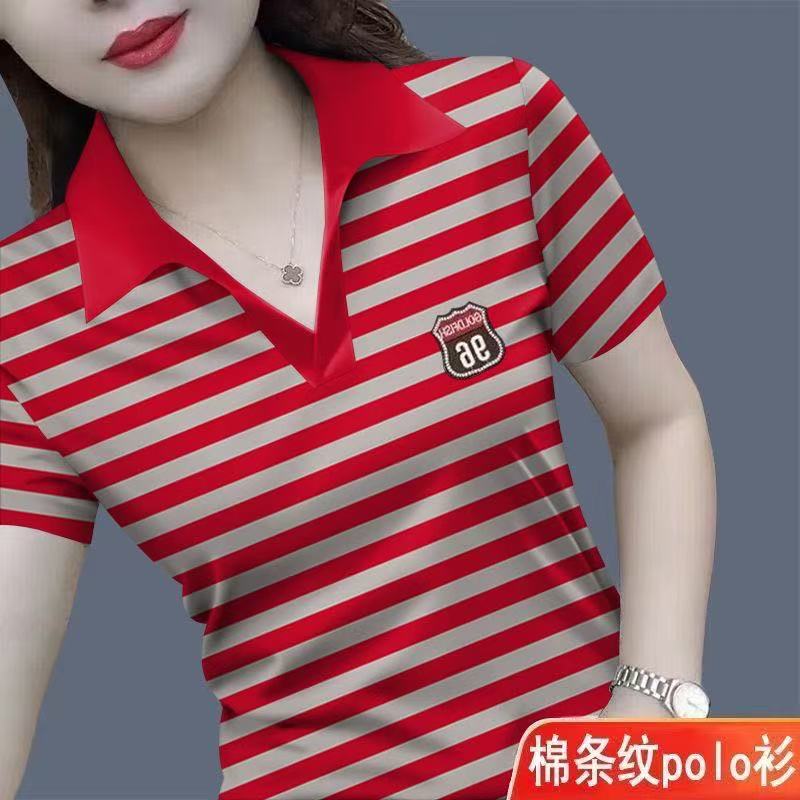纯棉polo衫棉翻领条纹短袖t恤女装新款潮流撞色洋气休闲百搭上衣