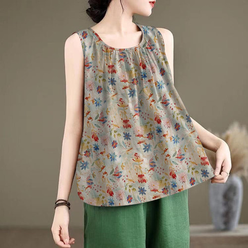 夏季时尚圆领A版百褶印花无袖背心女宽松百搭显瘦t恤吊带休闲上衣