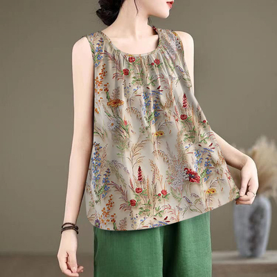夏季时尚圆领A版百褶印花无袖背心女宽松百搭显瘦t恤吊带休闲上衣