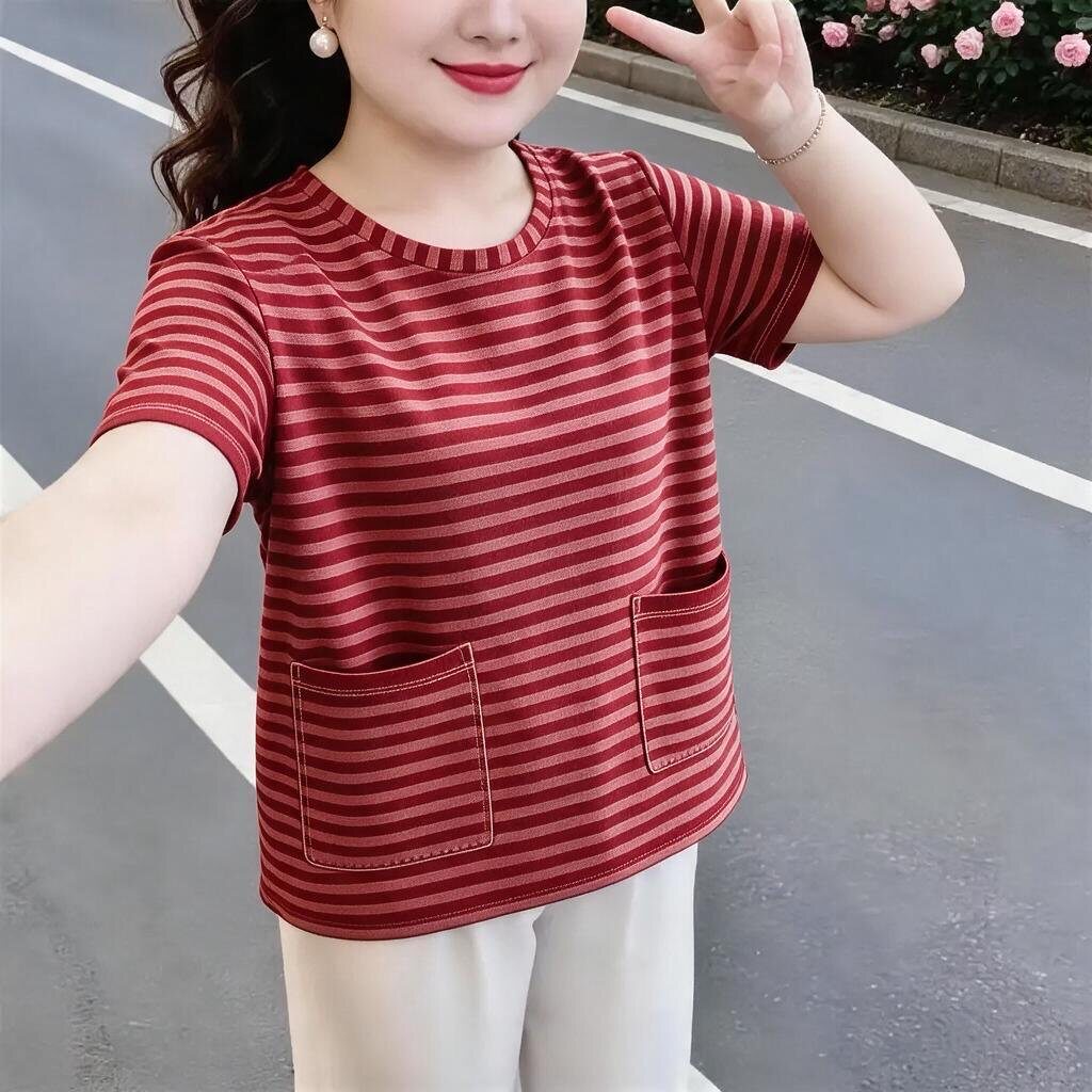 夏季新品短袖双口袋气质百搭休闲宽松高级感条纹棉T恤妈妈上衣女