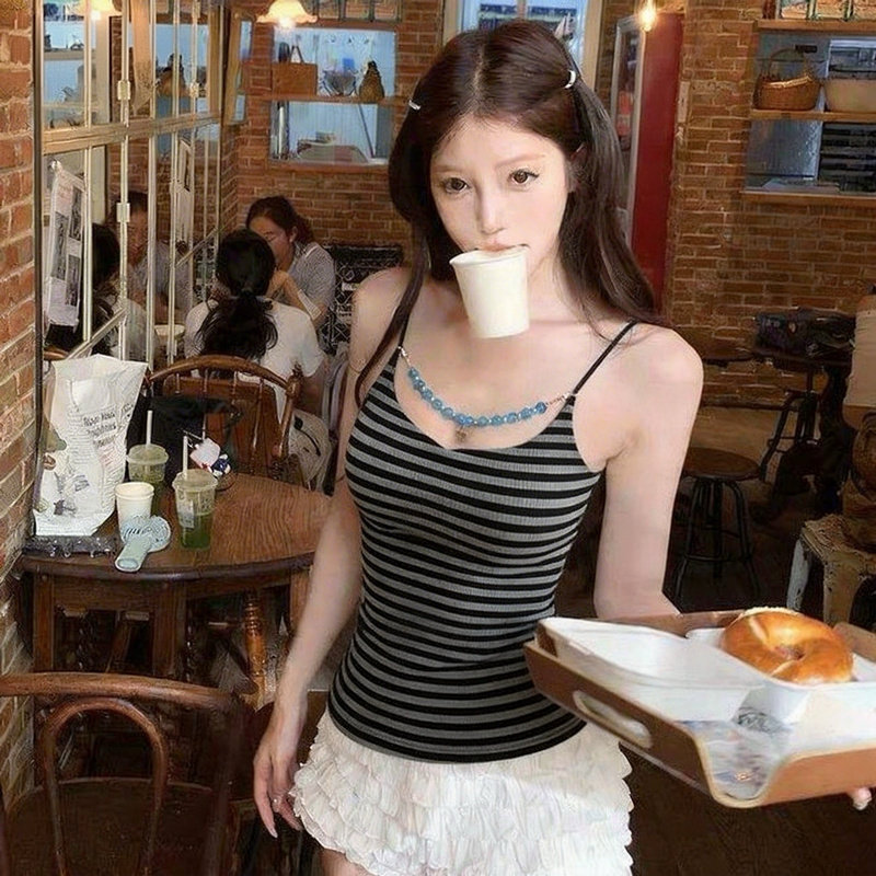韩系chic甜辣修身显瘦短款上衣女夏季外穿性感露背条纹小吊带背心