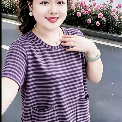 夏季新品短袖双口袋气质百搭休闲宽松高级感条纹棉T恤妈妈上衣女