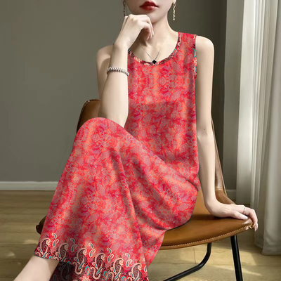 断码时尚-2025夏新款印花减龄遮肚妈妈装背心吊带中长款连衣裙女