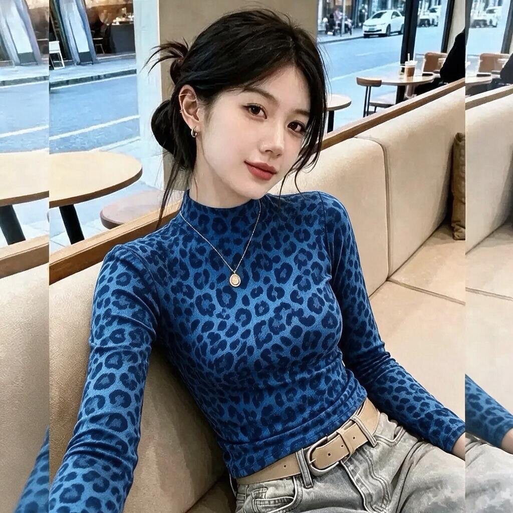 豹纹印花长袖t恤女秋冬季新款印花修身显瘦打底衫半高领上衣ins