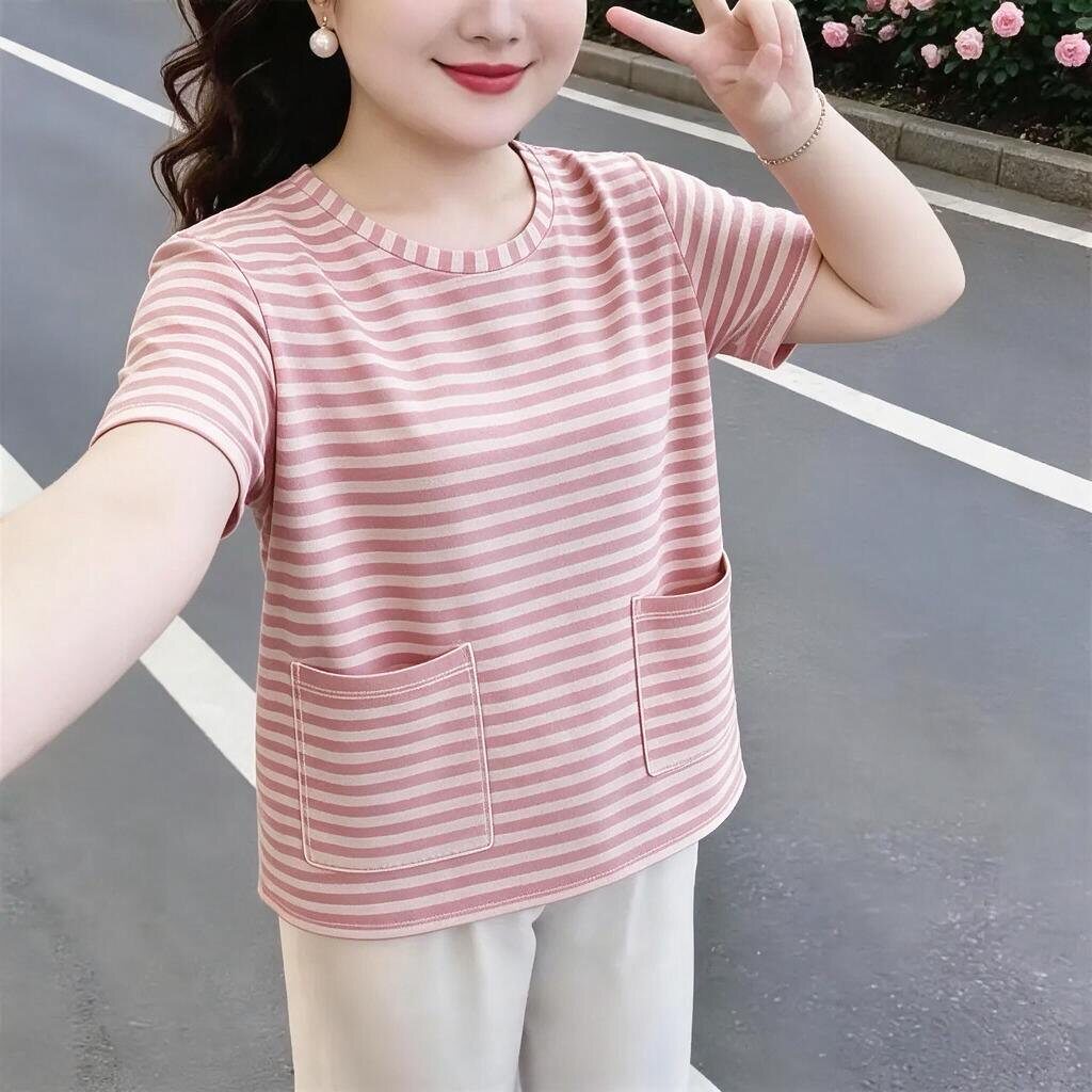 夏季新品短袖双口袋气质百搭休闲宽松高级感条纹棉T恤妈妈上衣女