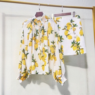 2025夏季 半身裙女 新款 D家复古风柠檬印花系带蝴蝶结甜美百搭衬衫