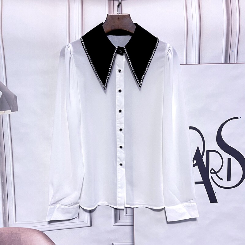 法式2026春夏新款甜美气质钉珠镶钻拼色翻领宽松雪纺百搭衬衫上衣