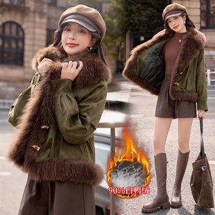 2025冬装 大狐狸毛皮草90%白鸭绒外套军绿 新款