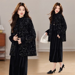 小立领重工丝绒宽松百搭款 加棉加厚新中式 棉衣外套女黑色 新款 冬季