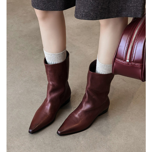 低粗跟短靴尖头直筒宽松骑士靴