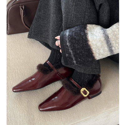 加绒毛毛玛丽珍鞋平底一字扣单鞋