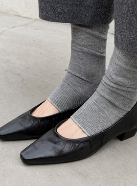 Kmeizu不挑脚~3cm粗跟褶皱方头单鞋女春小皮鞋职业通勤真皮高跟鞋