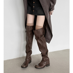 Kmeizu大长腿~4cm粗跟长靴女秋冬过膝靴宽松两宽西部皮靴骑士高筒