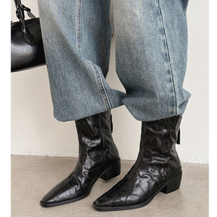 Kmeizu爆款 4.5cm粗跟羊皮短靴女秋冬V口西部靴及踝马丁靴 再升级