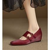 优雅 5cm坡跟单鞋 女新中式 Kmeizu法式 国风方头一字扣带玛丽珍鞋 软