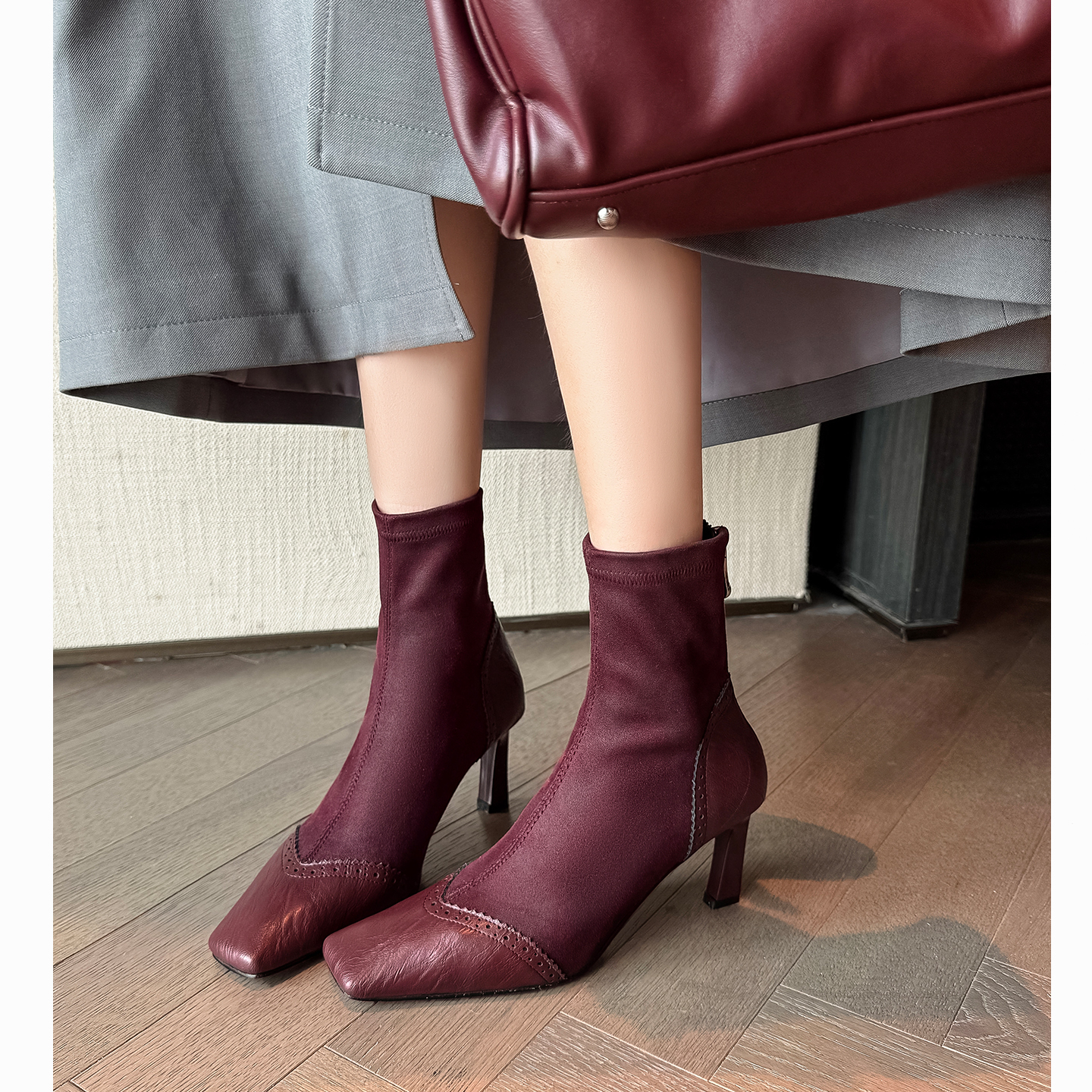 不累脚方头高跟及踝名媛短靴