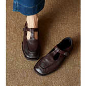 女秋固特异车缝线丁字扣真皮平底单鞋 Kmeizu巨软 静音底玛丽珍鞋