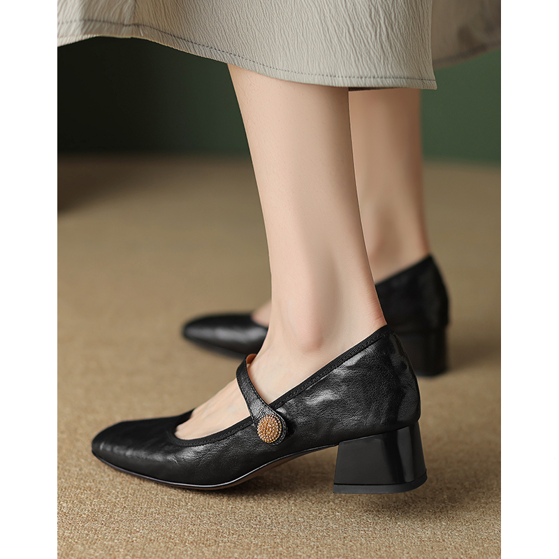 羊皮4cm粗跟一字扣带玛丽珍单鞋