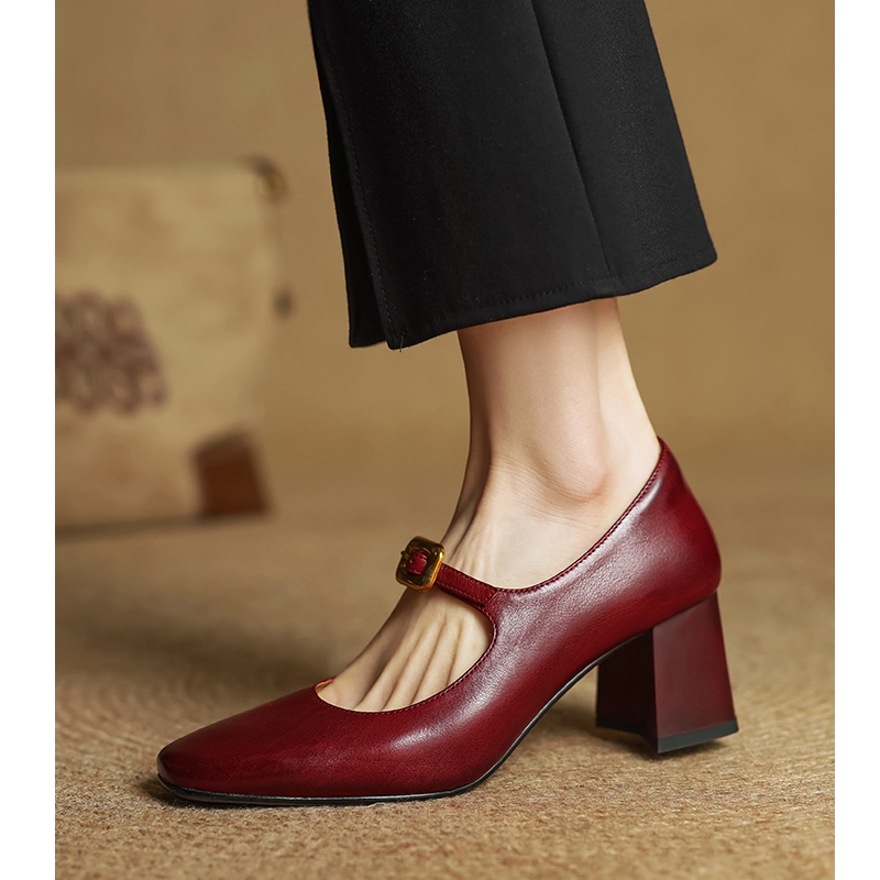 不累脚粗跟高跟鞋法式玛丽珍鞋