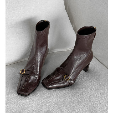 Kmeizu巨显瘦~7cm粗跟短靴女秋冬弹力靴方头美式高跟ol包腿及踝靴