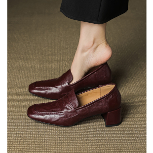 高跟鞋 女方头商务静音小皮鞋 通勤40 5cm粗跟羊皮单鞋 Kmeizu不累脚