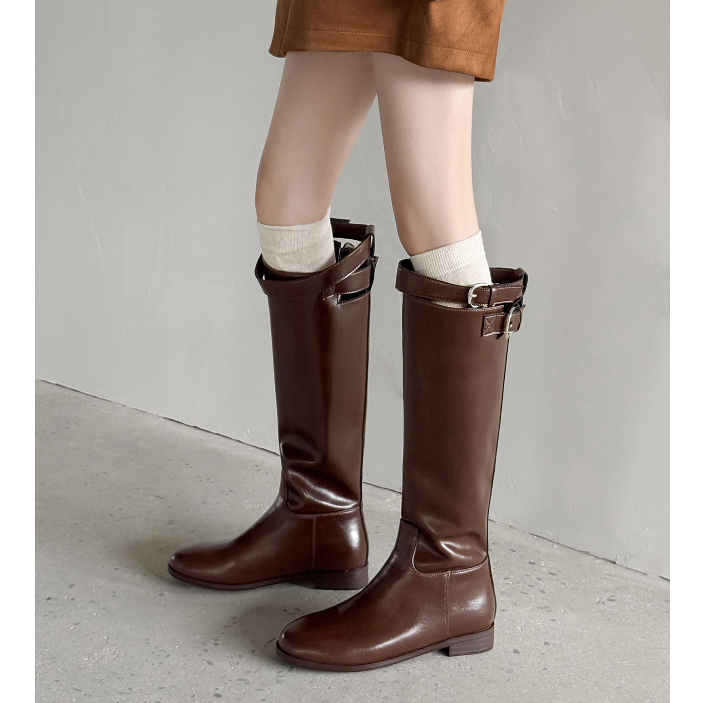 显瘦显腿直真皮高筒靴平底骑士靴