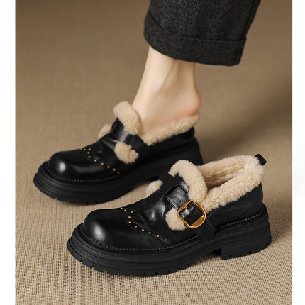 Kmeizu轻软~4.5cm厚底乐福鞋女新款加绒毛毛小皮鞋丁字扣真皮单鞋