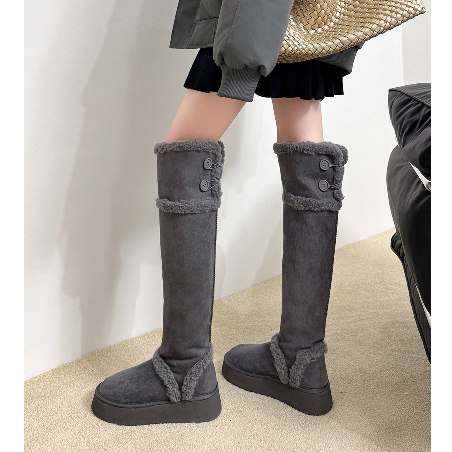 Kmeizu翻折两穿~4.5cm厚底过膝雪地靴女冬长靴加绒毛毛骑士高筒靴,女鞋,时尚雪地靴,淘宝优惠券,粉丝福利购,淘宝优惠卷