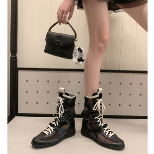 Kmeizu巨显瘦 5cm内增高凉靴女夏镂空网纱系带马丁靴旅行罗马短靴