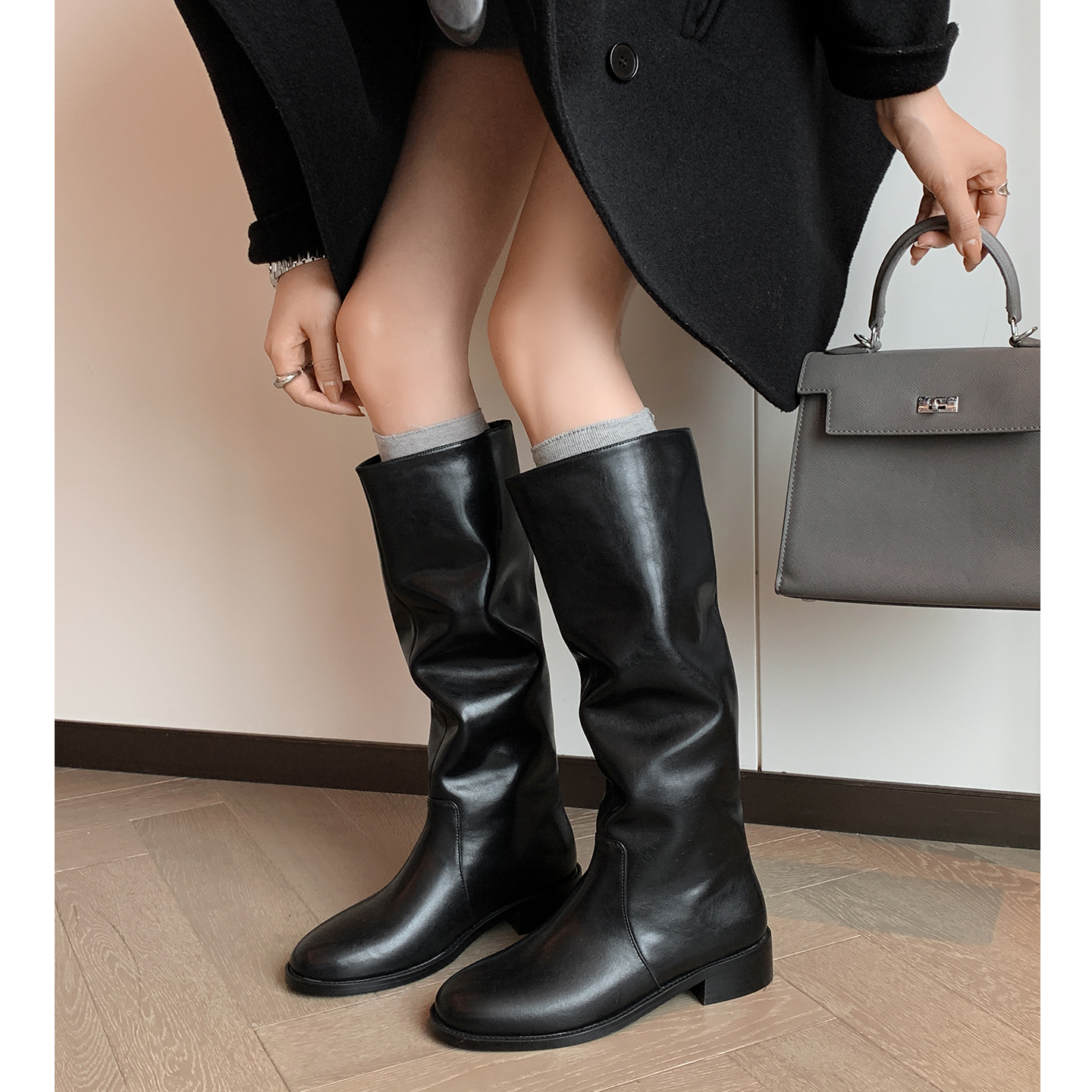 简约直筒气质高筒靴简约皮靴