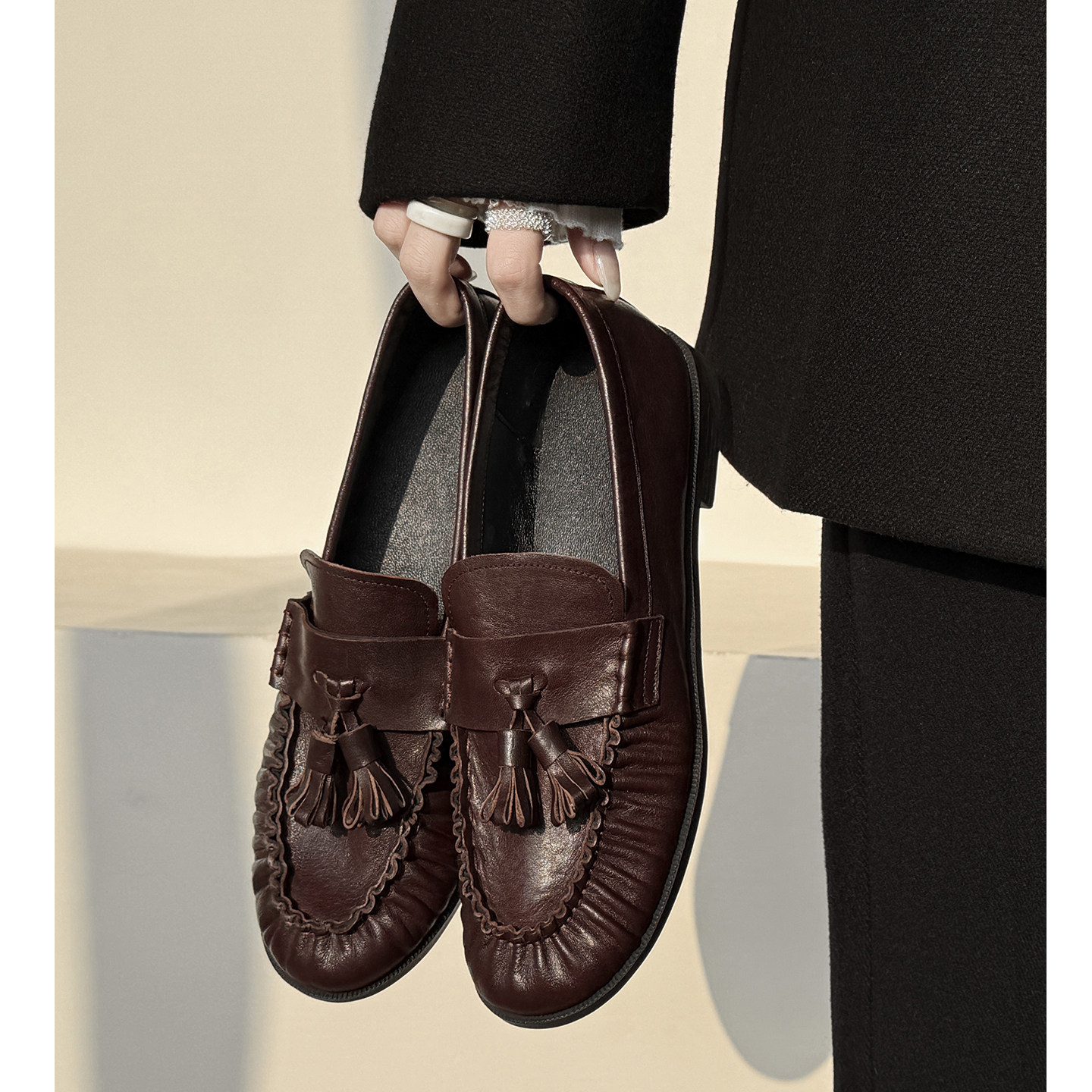 Kmeizu高定手工~2.5cm低跟乐福鞋女流苏小皮鞋平底纯皮英伦风单鞋,女鞋,乐福鞋（豆豆鞋）,淘宝优惠券,粉丝福利购,淘宝优惠卷