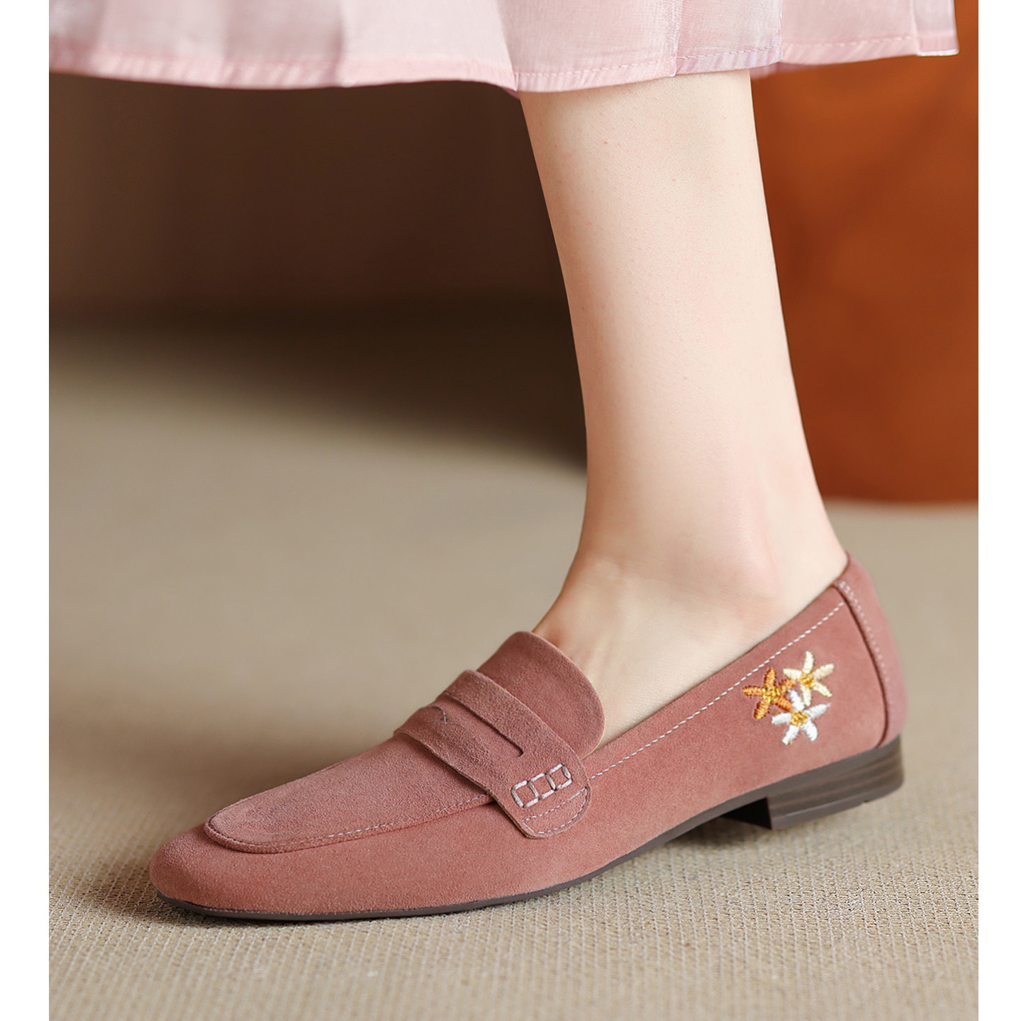 Kmeizu巨软~平底乐福鞋女春多巴胺新中式刺绣小皮鞋简约真皮单鞋,女鞋,乐福鞋（豆豆鞋）,淘宝优惠券,粉丝福利购,淘宝优惠卷