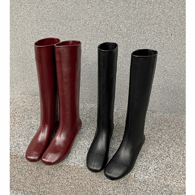 显瘦圆头直筒高筒靴宽松皮靴