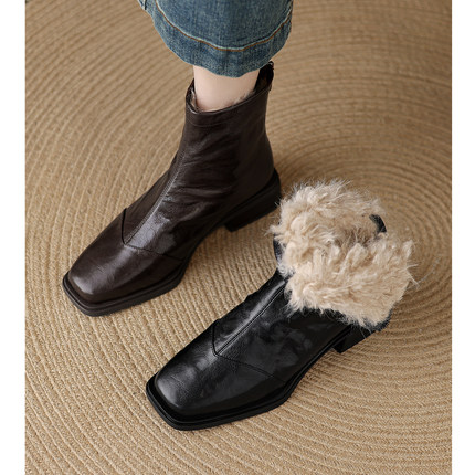 Kmeizu巨显瘦~3.5cm粗跟短靴女秋冬方头羊皮及踝靴简约静音马丁靴
