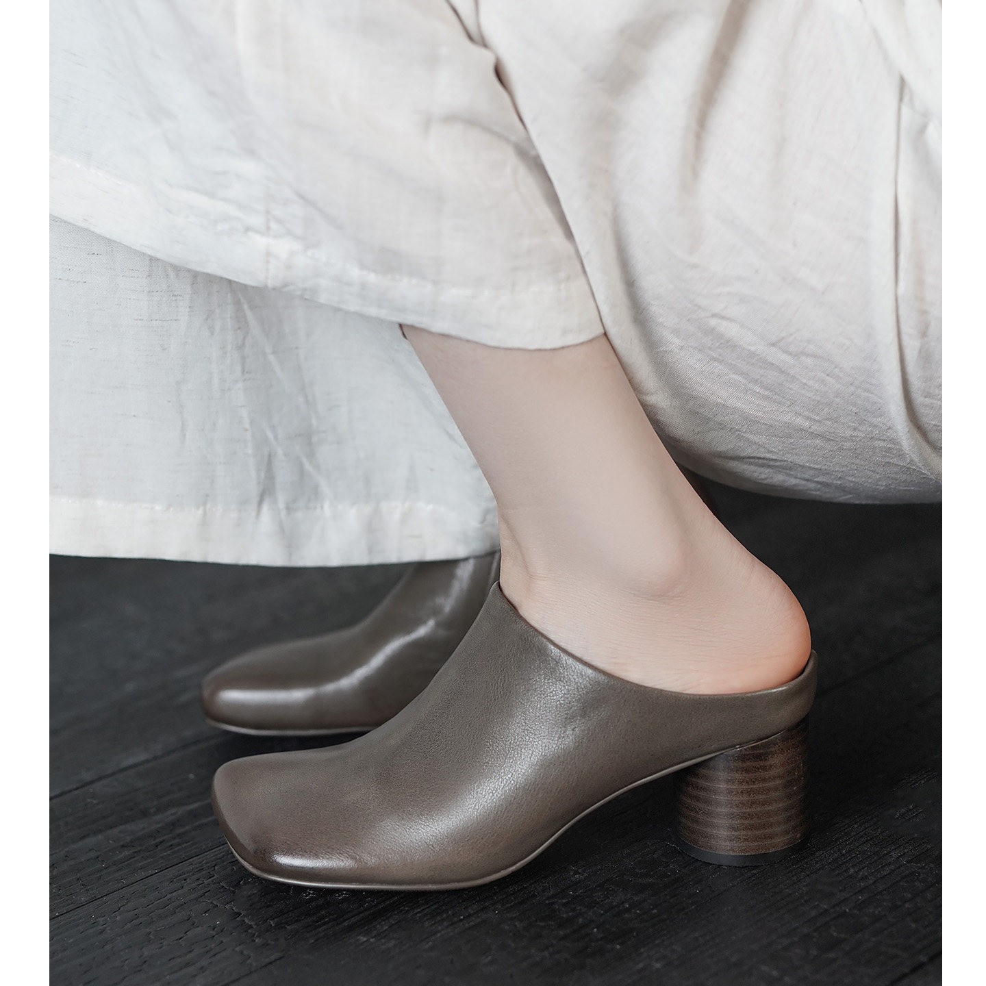 Kmeizu高定纯皮~6cm粗跟拖鞋女时尚外穿真皮半拖简约高跟鞋穆勒鞋,女鞋,浅口单鞋,淘宝优惠券,粉丝福利购,淘宝优惠卷