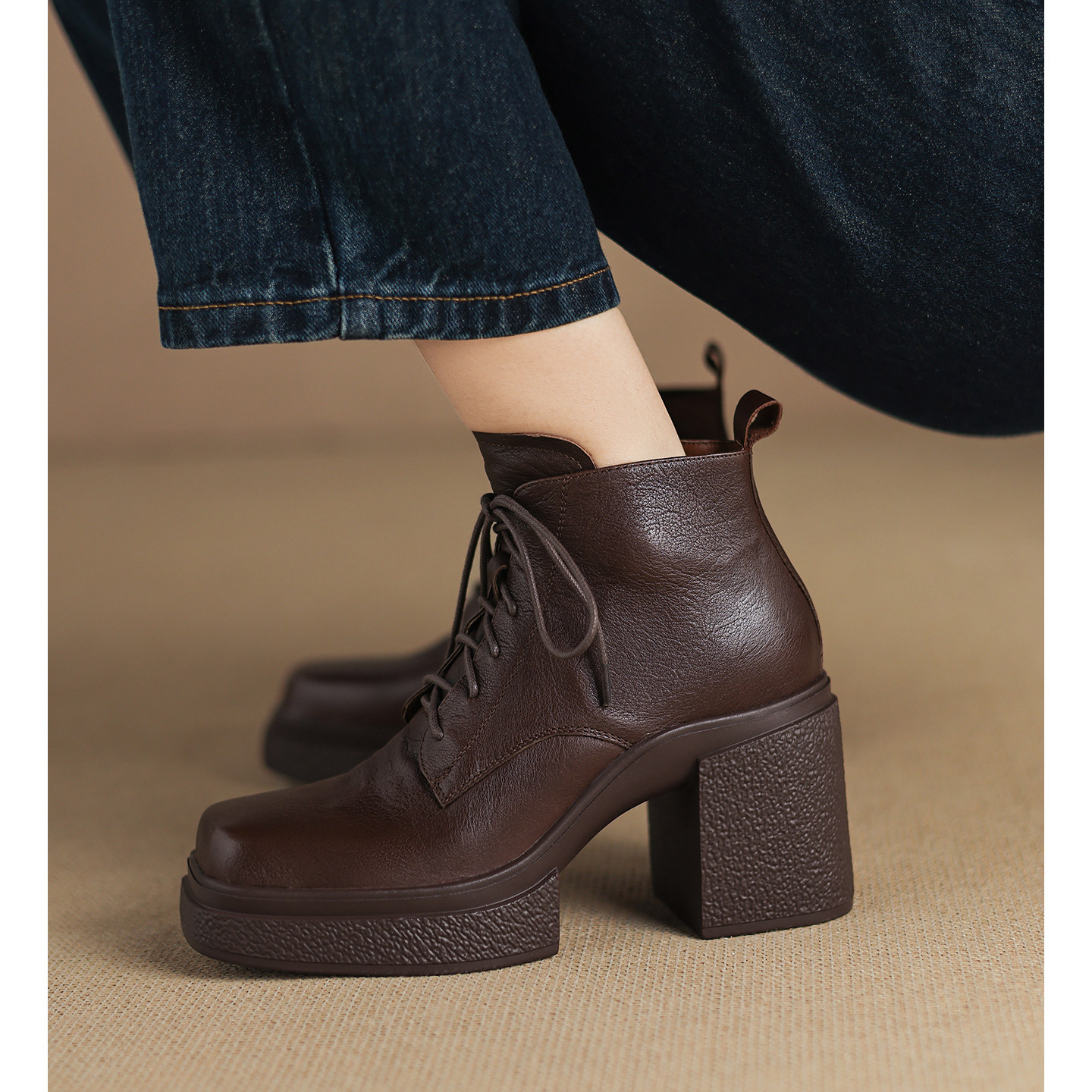 Kmeizu显瘦~8.5cm厚底超高跟短靴女小个子增高真皮及踝系带马丁靴,女鞋,马丁靴,淘宝优惠券,粉丝福利购,淘宝优惠卷