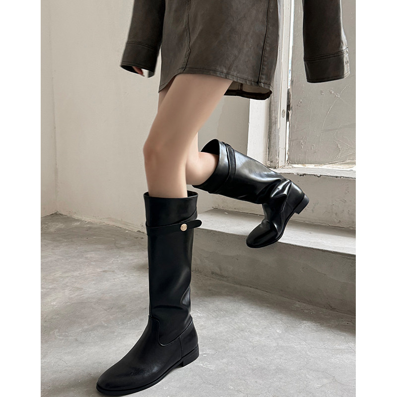 Kmeizu德拉美高筒靴女秋冬直筒宽松骑士靴显瘦金币低跟平底中筒靴,女鞋,时装靴,淘宝优惠券,粉丝福利购,淘宝优惠卷